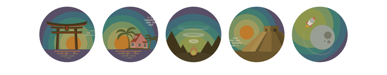 VESPRE torii gate, kame house, campsite, maya pyramid and rocket in the moon hero image